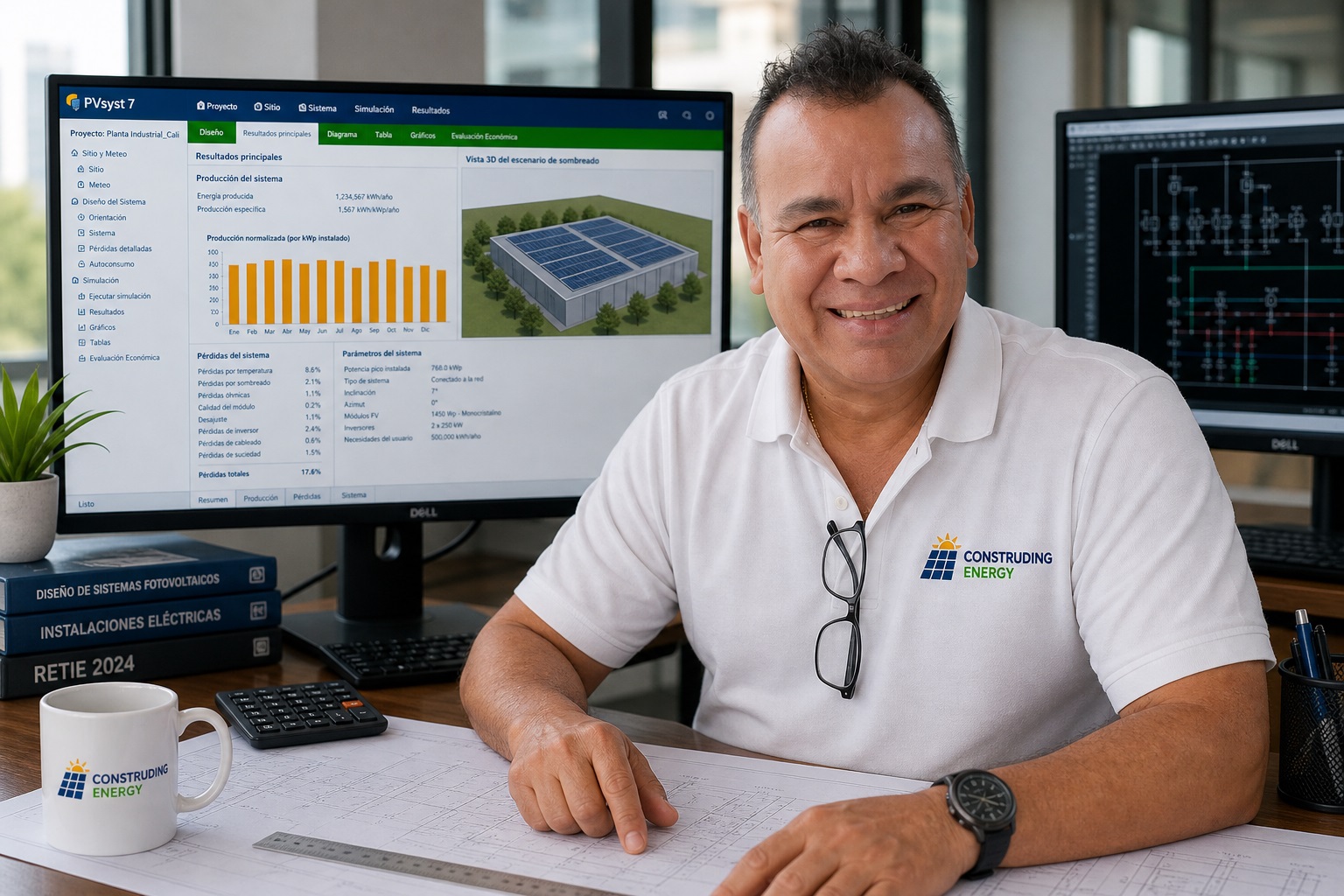 Ingenieros Construding Energy revisando planos eléctricos – 30 años de experiencia en Colombia